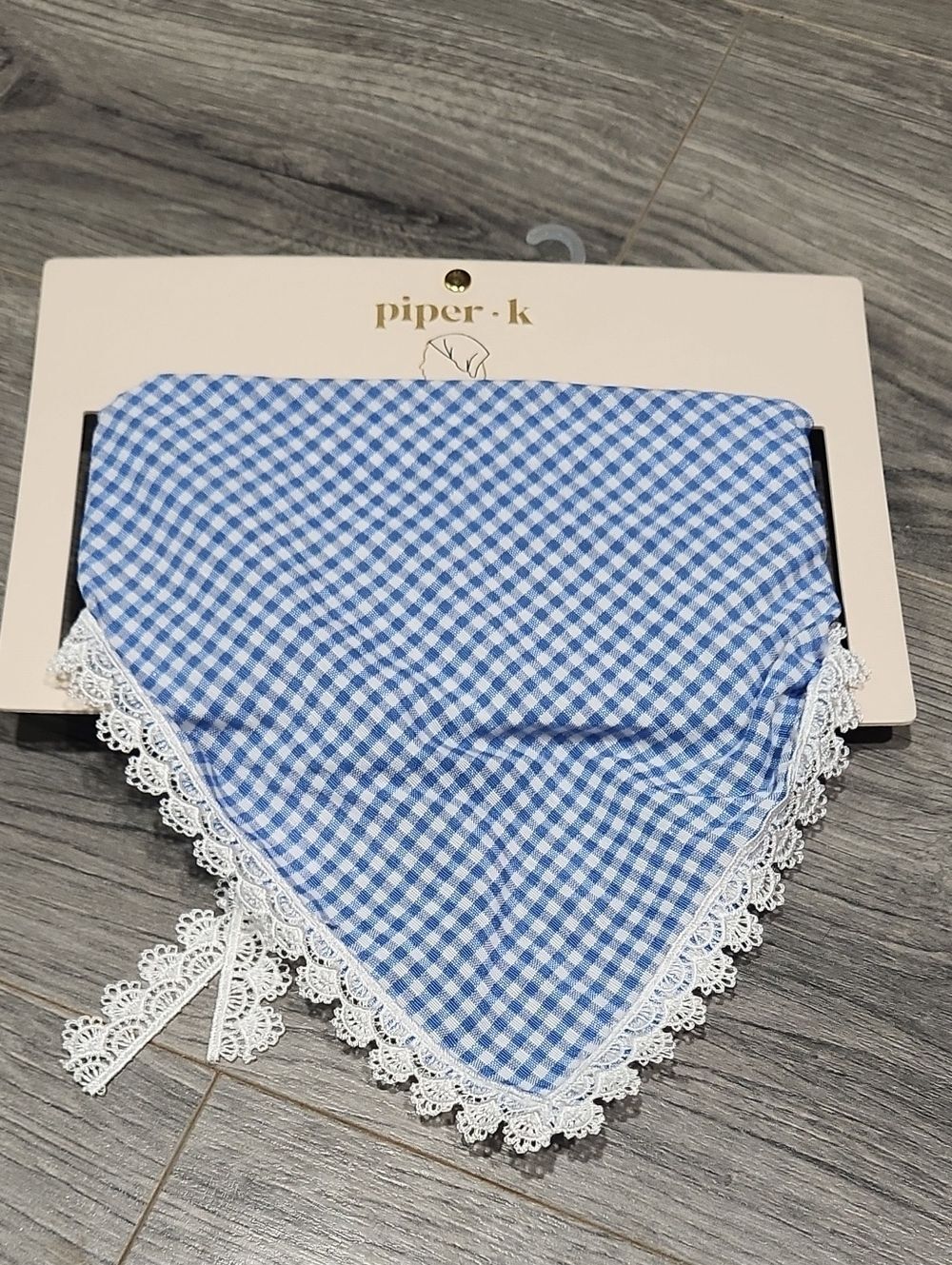 Piper Blue Gingham Bandana Bib with White Lace Trim
